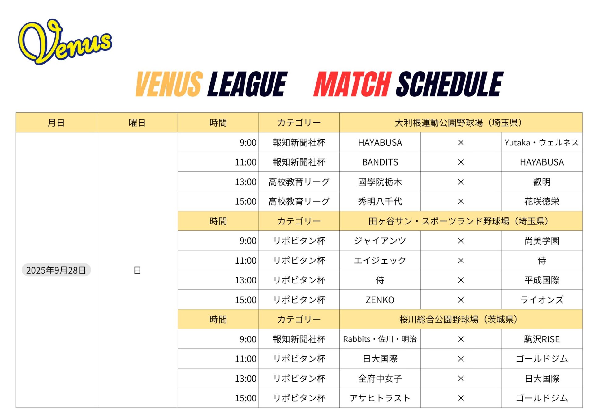 9月日程 | 関東女子硬式野球連盟ホームぺージ