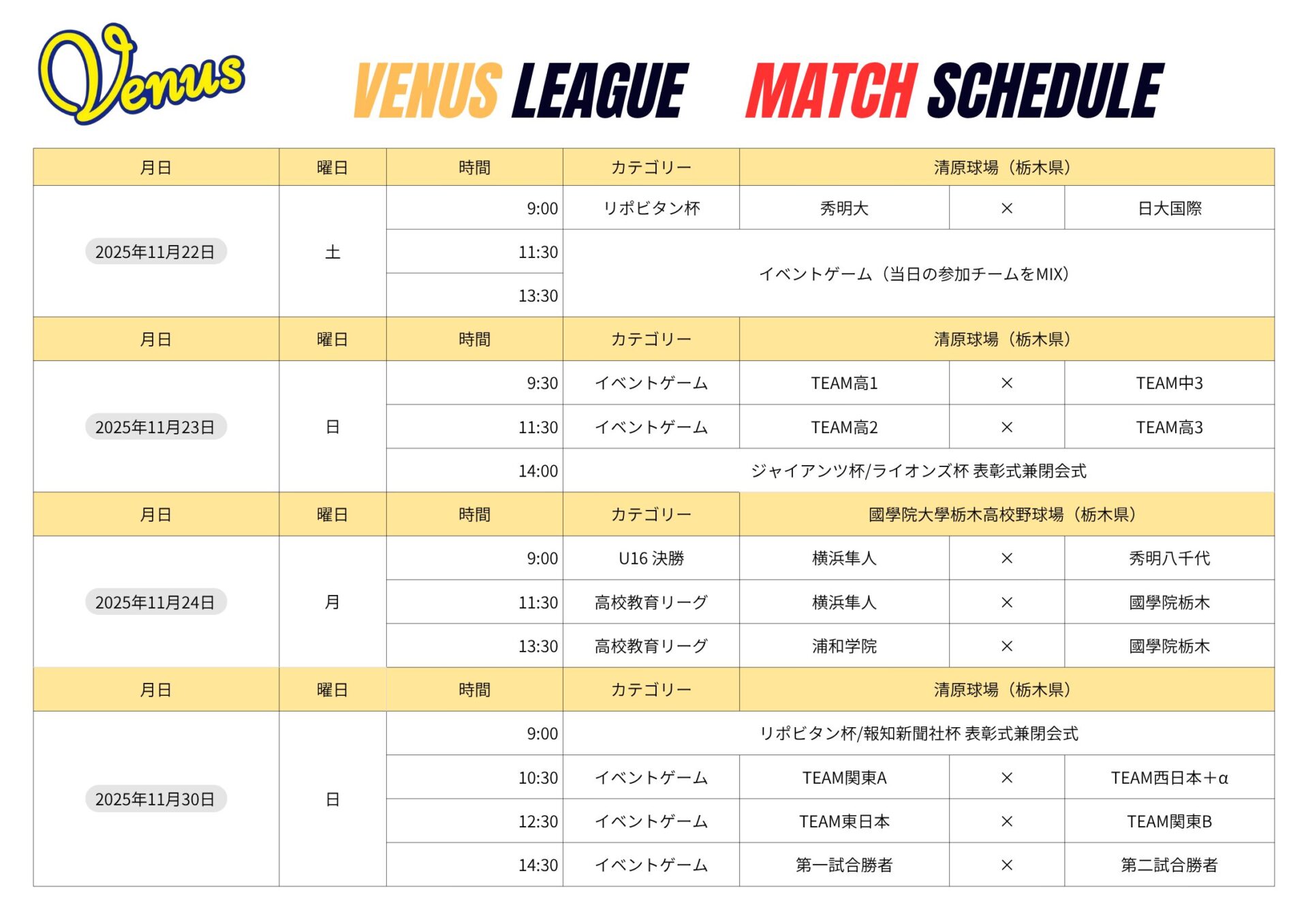 11月後半ー12月日程 | 関東女子硬式野球連盟ホームぺージ
