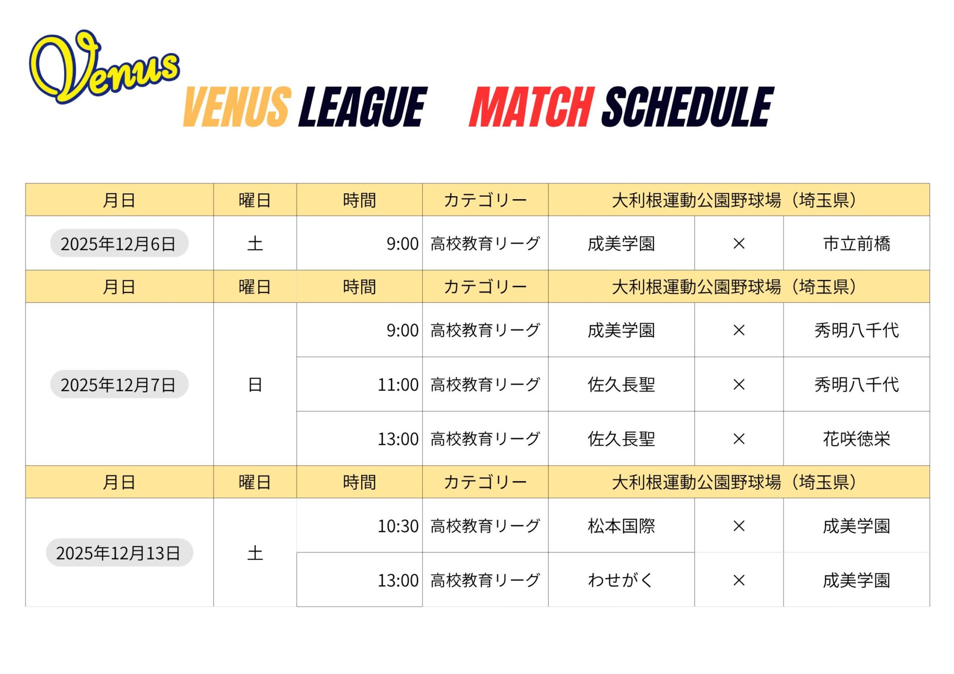 11月後半ー12月日程 | 関東女子硬式野球連盟ホームぺージ