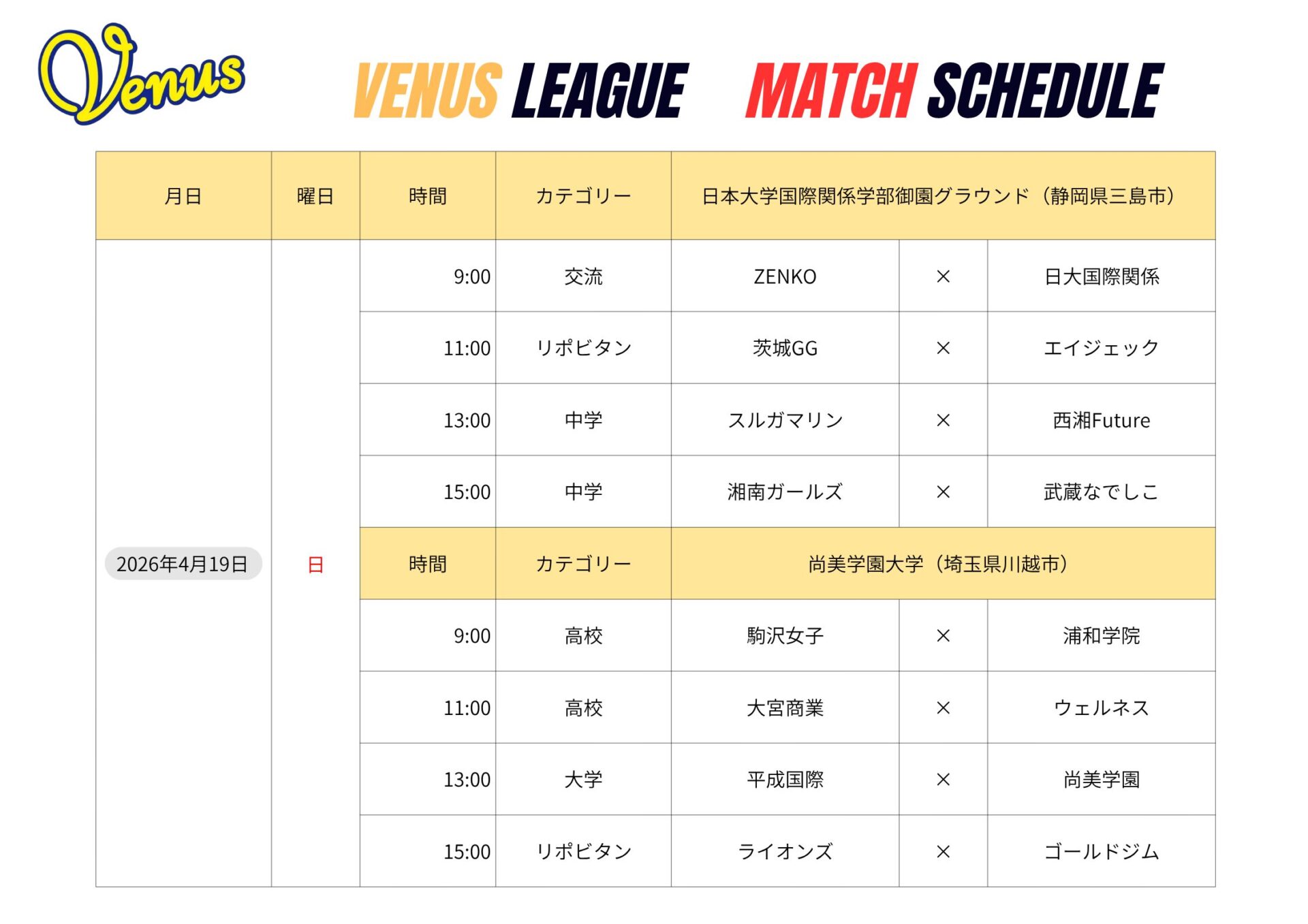 4月日程 | 関東女子硬式野球連盟ホームぺージ