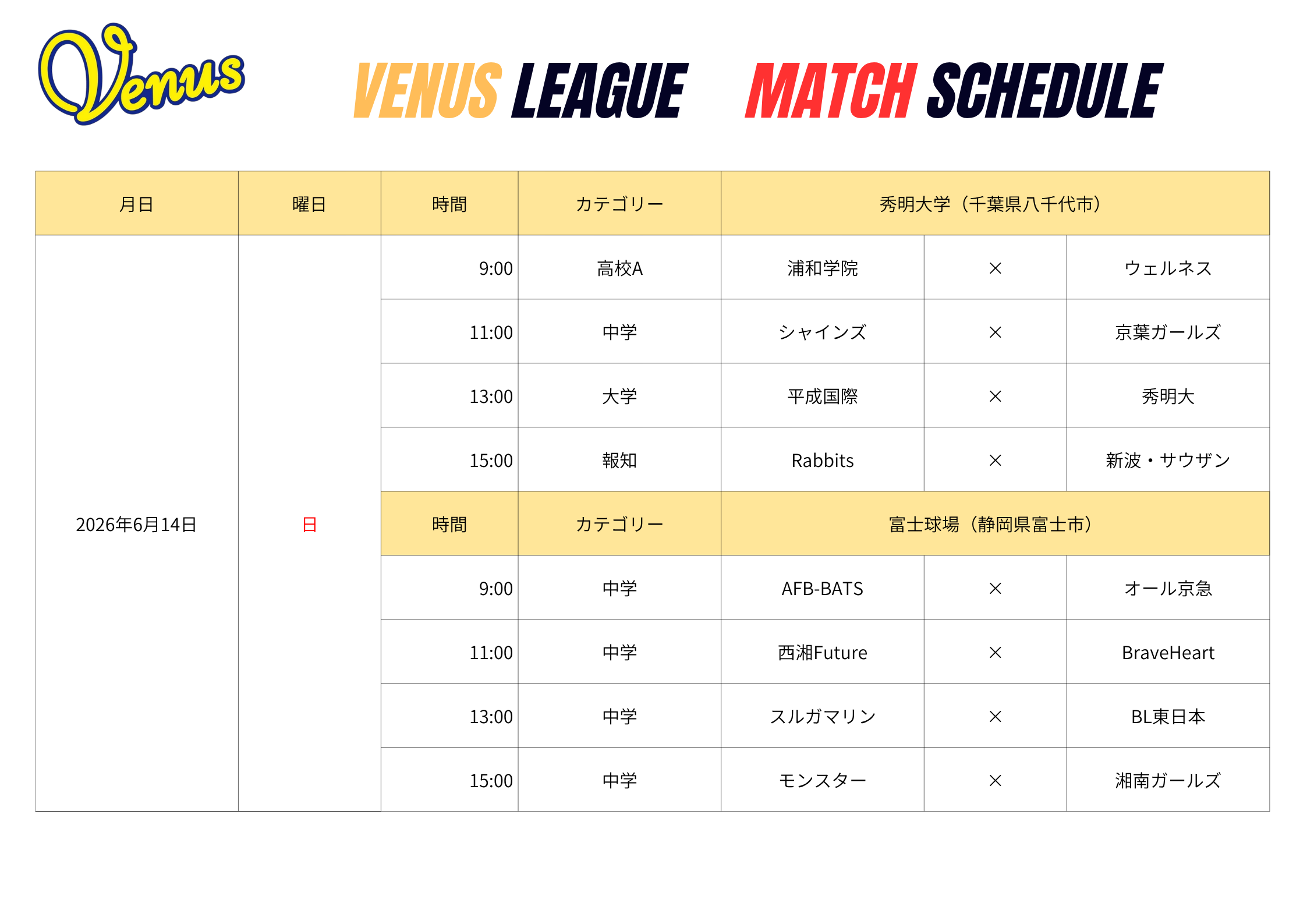 6月日程 | 関東女子硬式野球連盟ホームぺージ