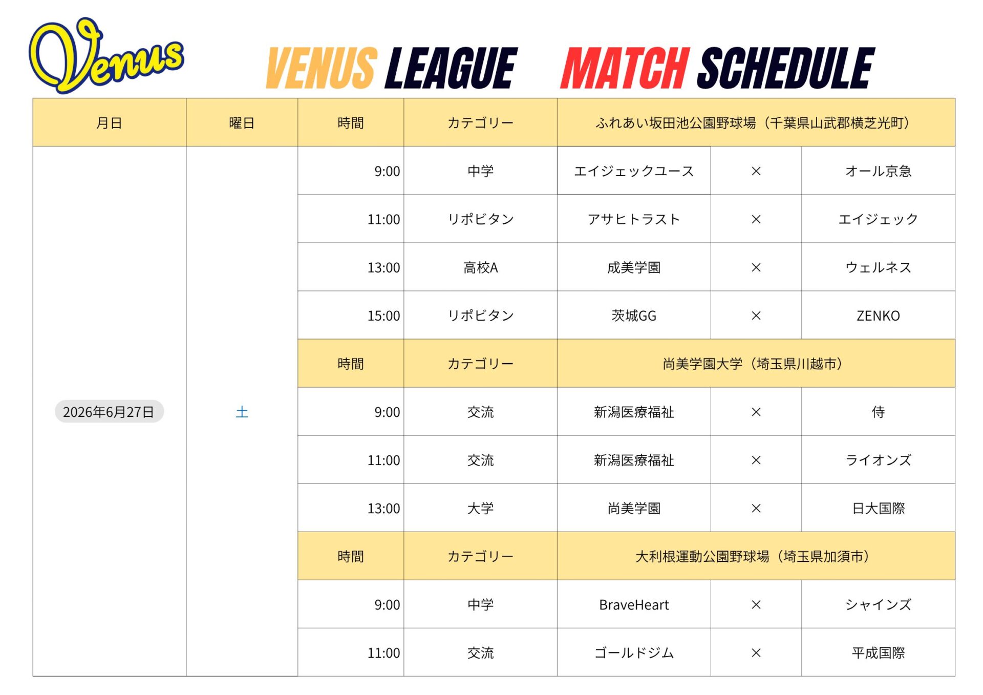 6月日程 | 関東女子硬式野球連盟ホームぺージ
