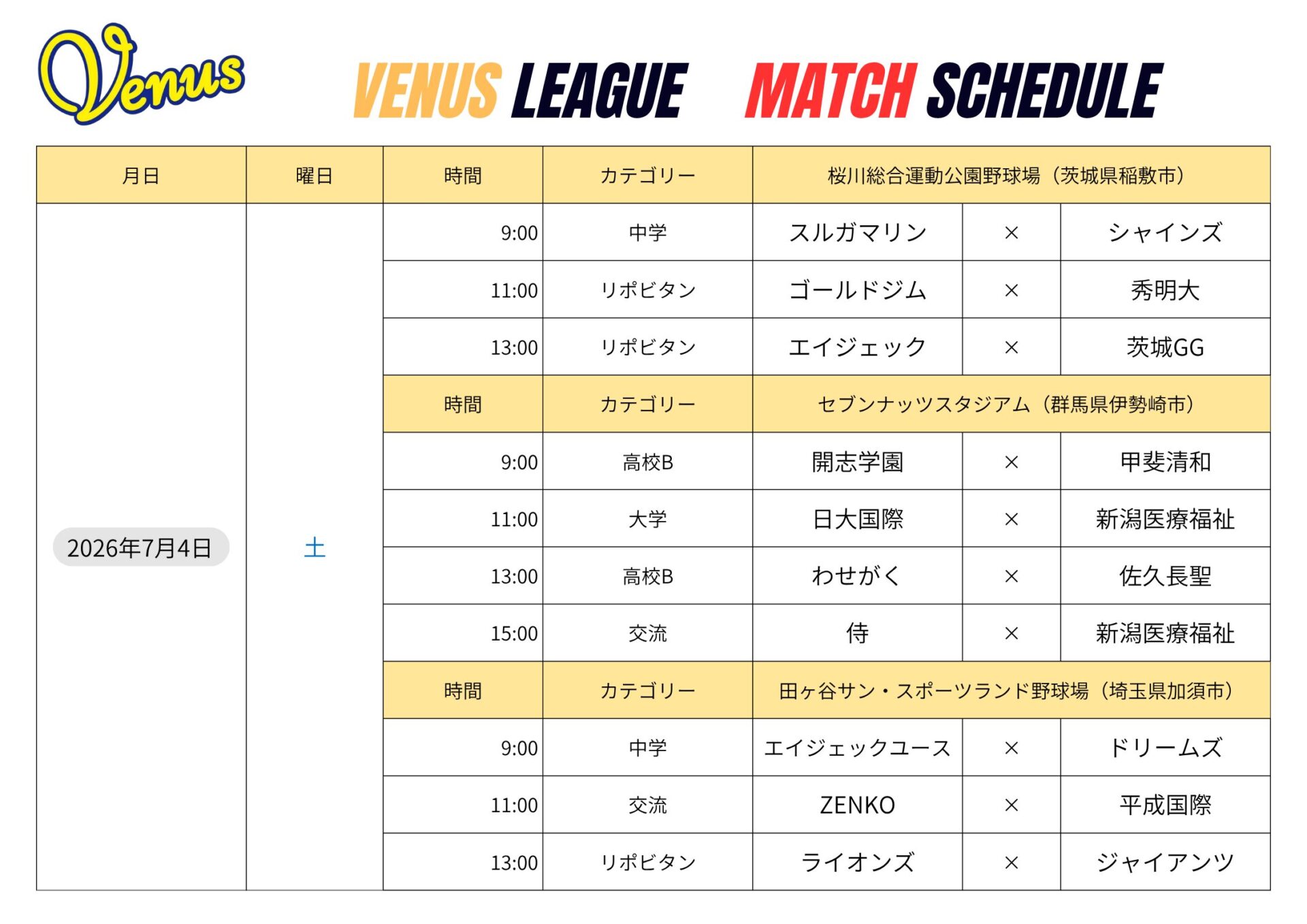 7月日程 | 関東女子硬式野球連盟ホームぺージ
