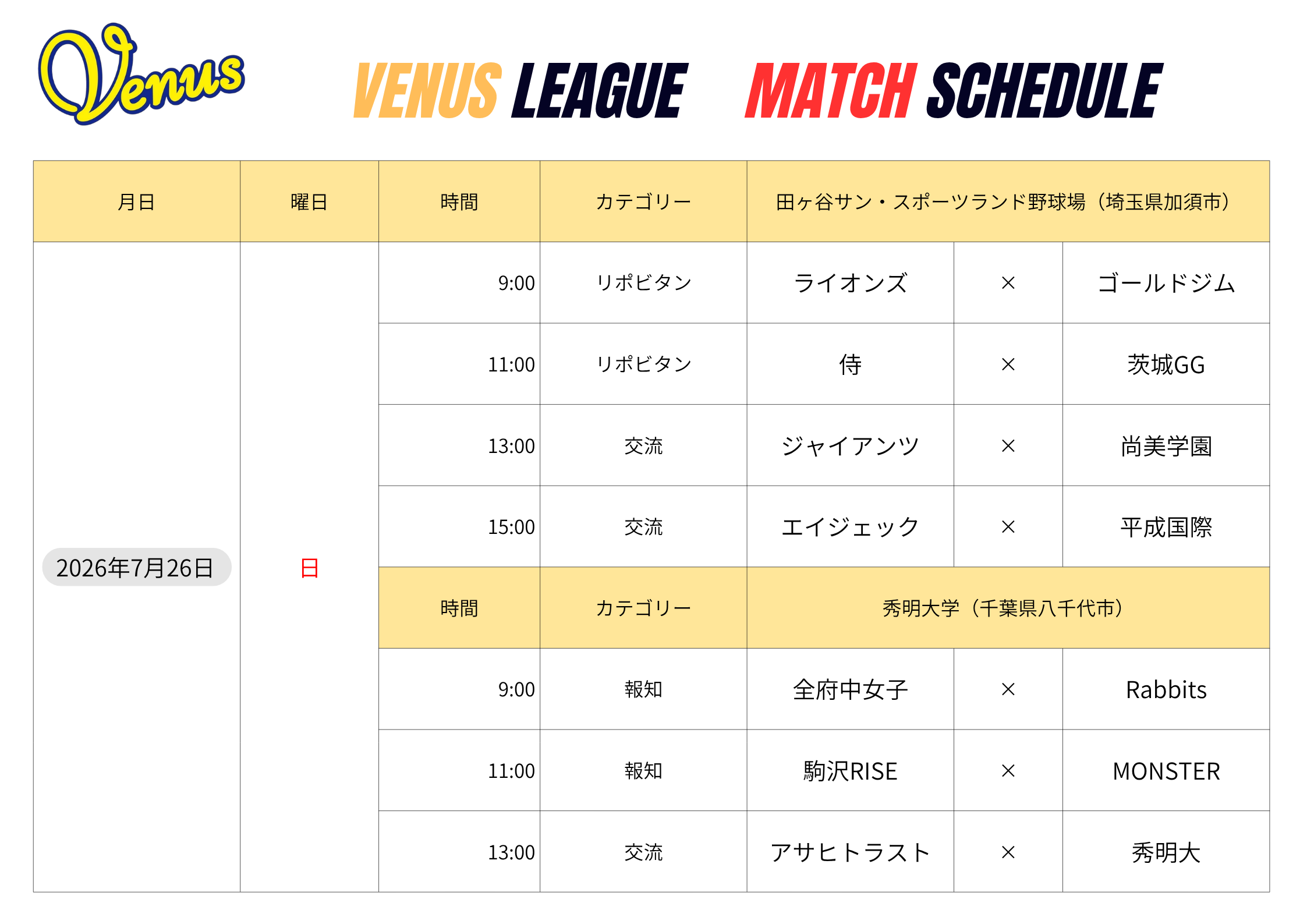 7月日程 | 関東女子硬式野球連盟ホームぺージ