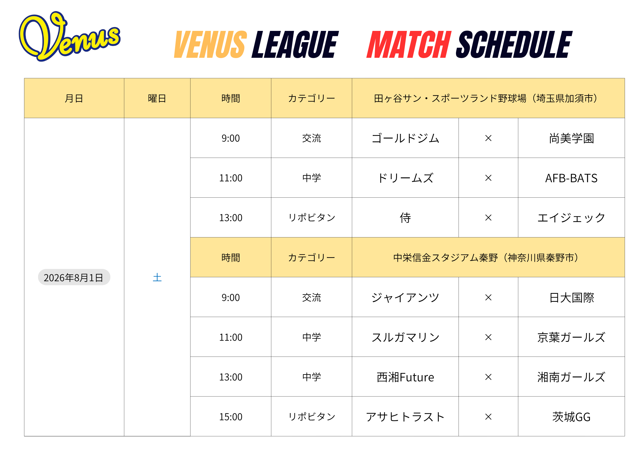 8月日程 | 関東女子硬式野球連盟ホームぺージ