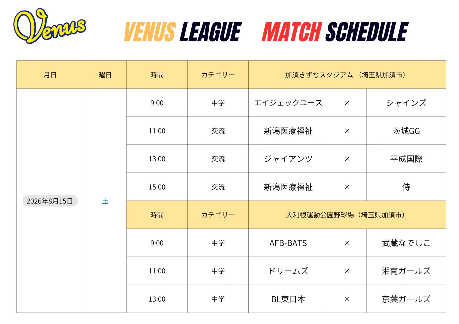8月日程 | 関東女子硬式野球連盟ホームぺージ