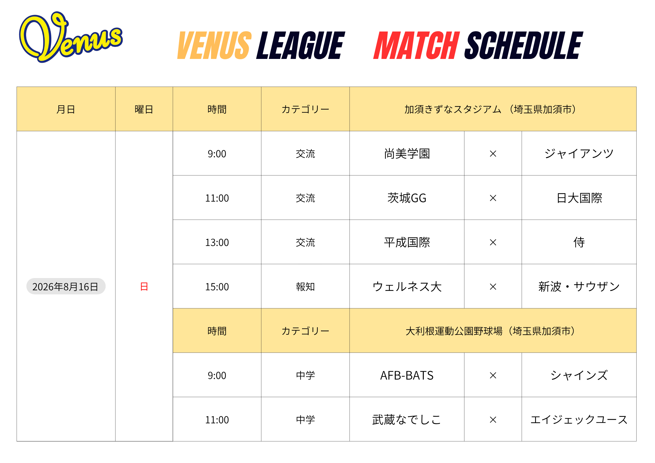 8月日程 | 関東女子硬式野球連盟ホームぺージ