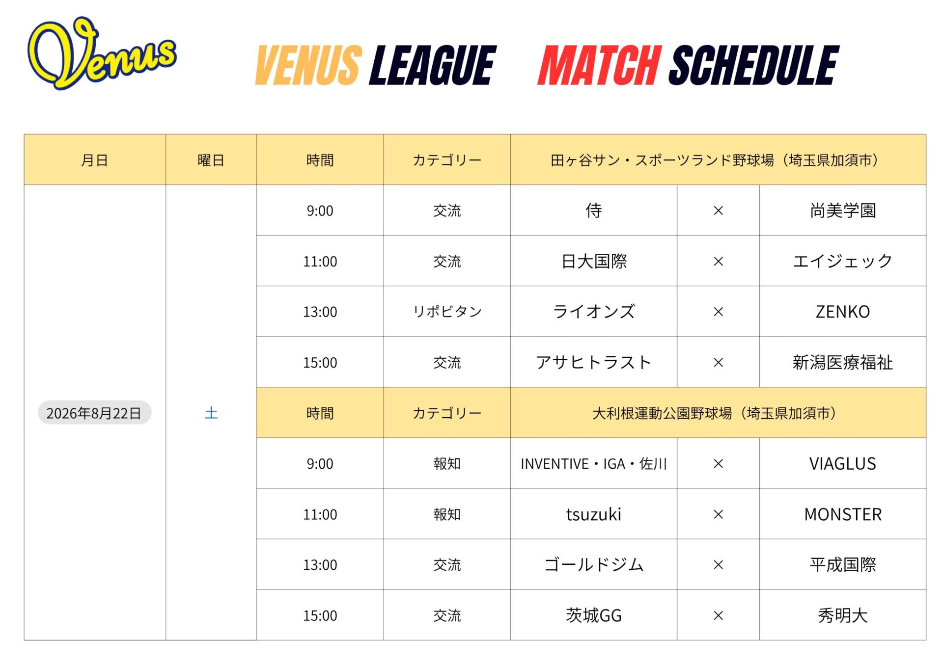 8月日程 | 関東女子硬式野球連盟ホームぺージ