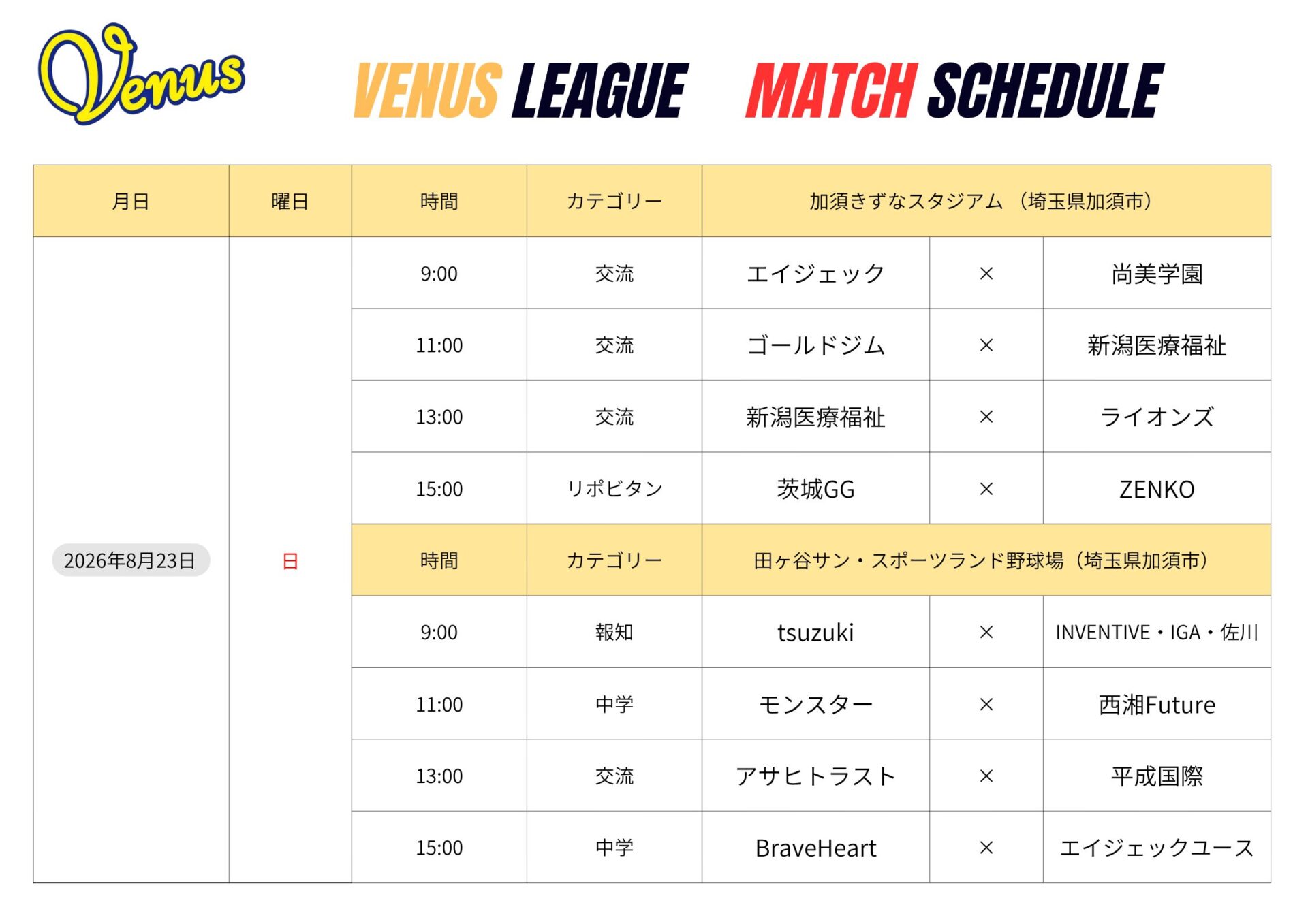 8月日程 | 関東女子硬式野球連盟ホームぺージ