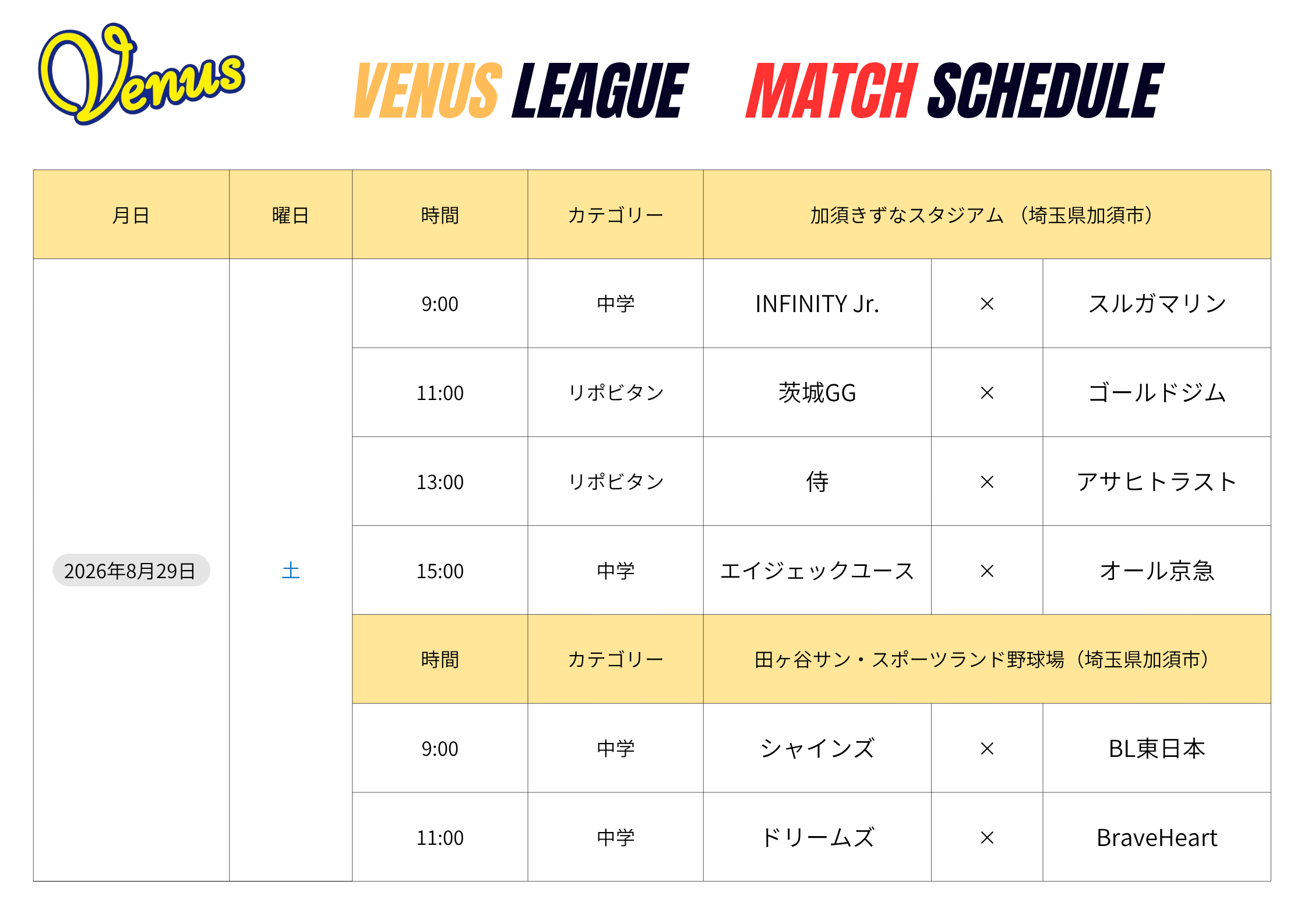 8月日程 | 関東女子硬式野球連盟ホームぺージ