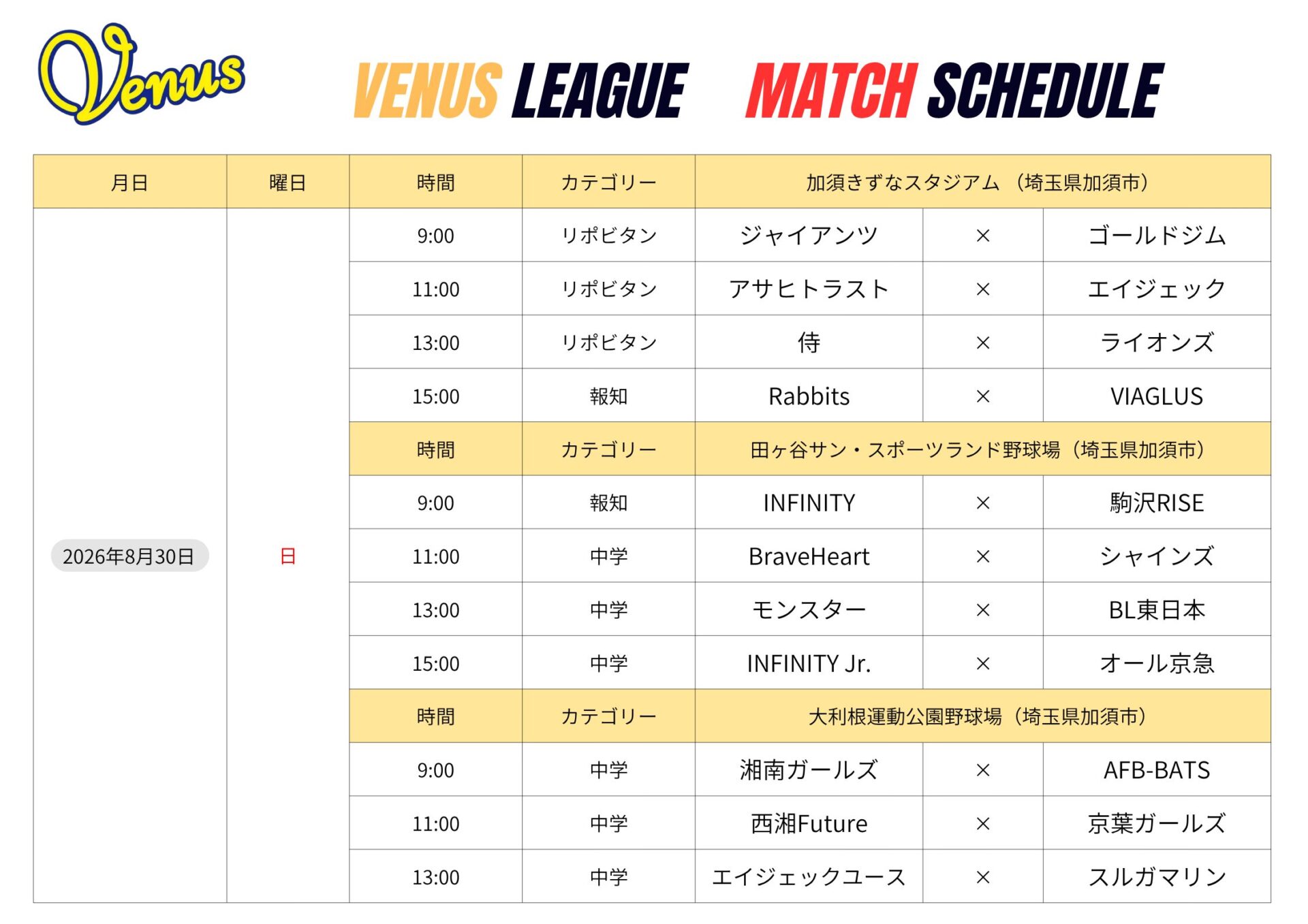 8月日程 | 関東女子硬式野球連盟ホームぺージ