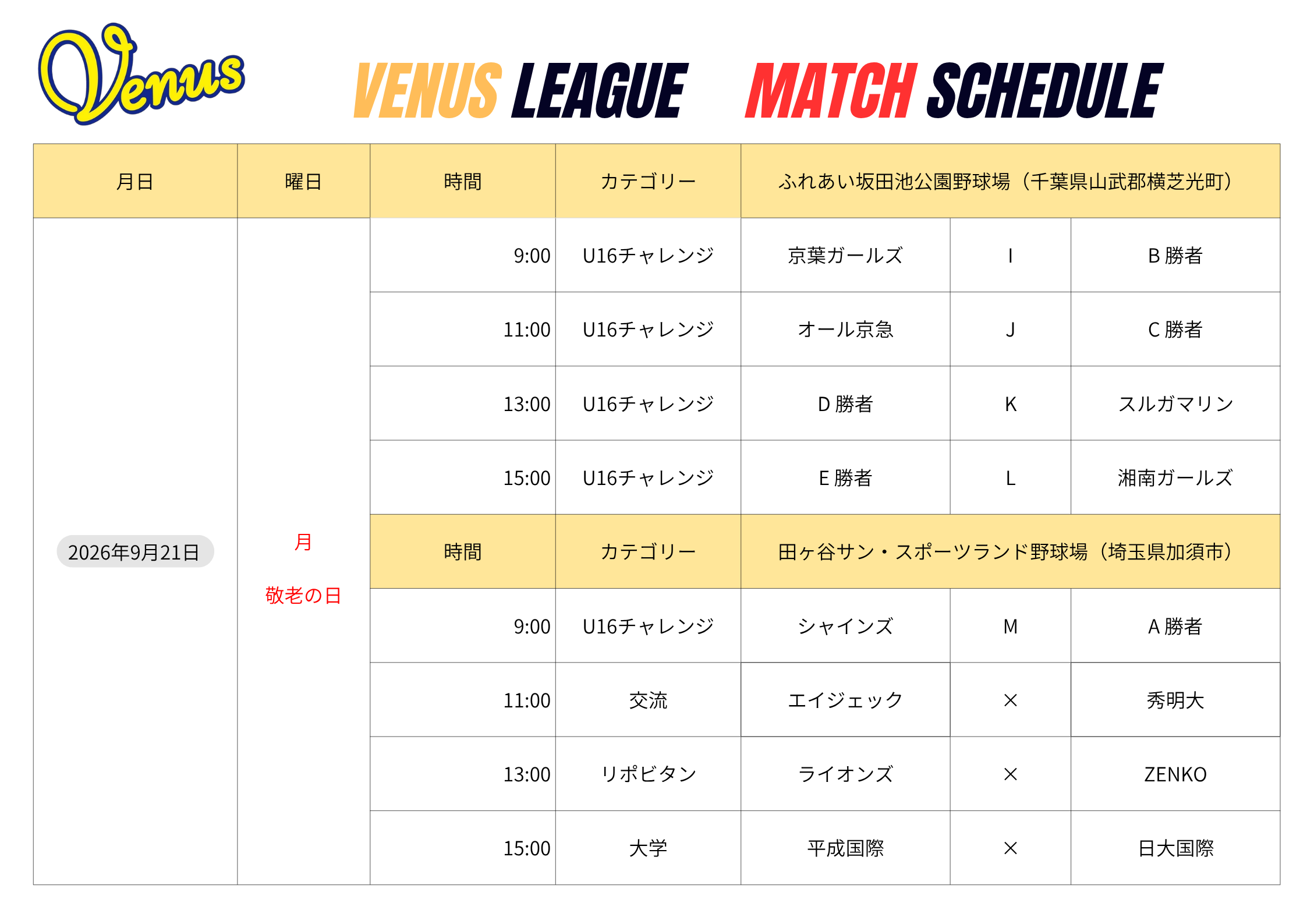 9月日程②+10月3.4日日程 | 関東女子硬式野球連盟ホームぺージ